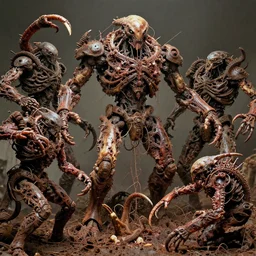 movie still of flayed god machines, each battle chaotic crustacean revants, intricately macerated by age, sentient, dethroned goliath machine, blood turbines, hydrocracking battles, rusted, macerated, eviscerated by fimbria wires, bicornate fungal pit, trash patina sheen rotting, by alberto bontempi, alex ross
