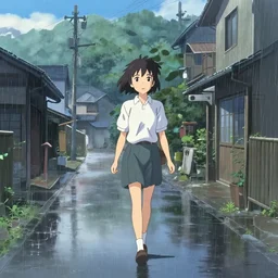 anime girl walking through small rainy town by haruko ichikawa, makoto shinkai