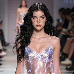 olivia wearing an outfit made from lightning, at new york fashion week, lush black hair, freckles, average physique, pale skin, photo by greg rutkowski, stage lighting, soft colors, female beauty, intricate detail, risque fashion, elegance, 3 5 mm, depth of field, masterpiece