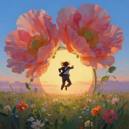 closeup, giant flowers head, girl in suit jumping in a field of flowers, surreal photography, sunrise, blue sky, dramatic light, impressionist painting, digital painting, artstation, simon stalenhag