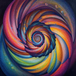 Geometrically surreal colored helixes, extremely high detail, photorealistic, intricate painting, dotart, album art in the style of James Jean
