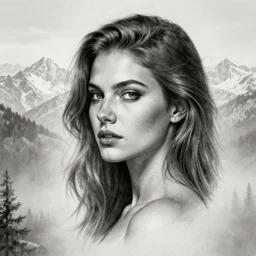 tattoo design sketch of the most beautiful woman portrait with a background of beautiful mountains on her side, hyper - realistic, double exposure effect, in the style of den yakovlev, amazing detail, black and white, faded