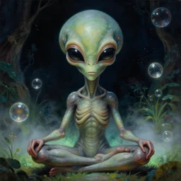 a neoclassicist close - up portrait of a big - eyed sci - fi alien meditating in a garden at night with glowing bubbles. reflective textures. glowing fog. highly detailed fantasy science fiction painting by moebius, norman rockwell, frank frazetta, and syd mead. rich colors, high contrast, gloomy atmosphere, dark background. artstation