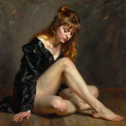 Jenna Fischer sitting on the floor looking down at her legs, by Edmund Blair Leighton