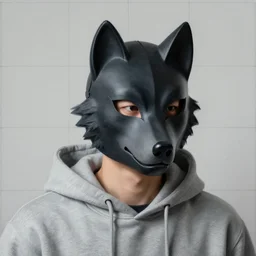 detailed 6 0 0 mm realistic photography of asian guy wear grey hoodies and black wolf mask focuses on the nuances of the human face and subtle shifts in tonal value, silhouette composition, neutral, cool - toned palette, fluid patterns, powerful composition, opaque paints, grid method.