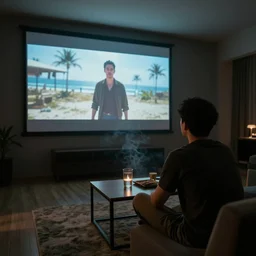 man watching a movie on a large projector screen in a smoky dimly lit room