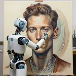 robot artist painting a self - portrait on a canvas. intricate, detailed, digital matte painting in the style of gil elvgren and in the style of wayne barlowe. irony, recursion, inspiration.