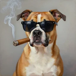 oil painting of a badass dog with sunglasses smoking a cigar