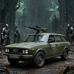 Armored and Armed Military Audi 80 B3 Avant (1988) with a mounted M249, Dark Souls 3, Eldritch Horrors, Wretched and Corrupted Knights, a grim fantasy, Anor Londo, dramatic lighting, cinematic, establishing shot, extremely high detail, photorealistic, cinematic lighting, artstation, by simon stalenhag
