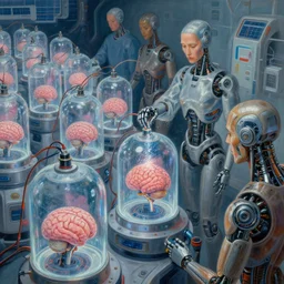 a solar punk painting of rows of futuristic cryonic see through tanks with brains in them attached to wires, which are attached to trans cyborg humans. a robotic surgeon is sprinkling something sparkly in one of them. hyper realistic. octane render, art station detailed hard surface modelling. cyborg. human bio body parts. painting by james gurney. mast.