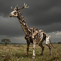 photograph of a horrifying nature monster made of animal parts, tree parts, bones, antlers and an extremely long neck, in a meadow, dramatic lighting, full frame photography