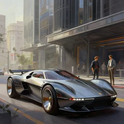 street scene, brutal architecture, retro futuristic concept cars with low profile tires, detailed chrome trim, jodhpurs greg manchess painting by sargent and leyendecker, cyberpunk 2 0 7 7 concept intricate elegant illustration forza, by greg rutkowski by greg tocchini by james gilleard