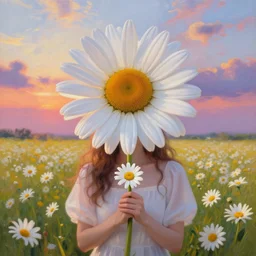 giant daisy flower head, portrait of girl in flower field, holding daisy, surreal photography, sunrise, impressionist painting, colorful clouds, digital painting, artstation, simon stalenhag, flower face