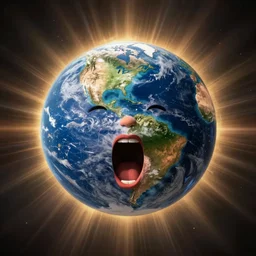 planet earth with a face on it and an open mouth, cartoonish, detailed
