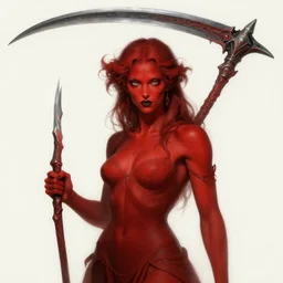 stunning goddess of death portrait, red skin, scythe, fantasy, intricate, elegant, highly detailed, digital painting, artstation, concept art, smooth, sharp focus, illustration, art by krenz cushart and artem demura and alphonse mucha and tony sandoval