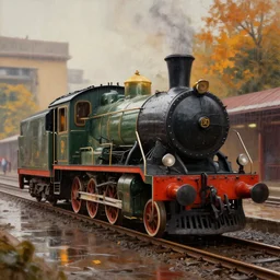 a neo vintage locomotive, detailed, bombay railway station background, photorealism, volumetric autumn lights, ray lights, coloured, ( ( ( rainy day ) ) ) depth of field, sharp details, photo, hasselblad, by moebius and ricardo robles, marco turini, oil, ink, gouache, 3 d concept art, octane render