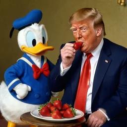 donald trump eating stawberries next to donald duck, in the style of rembrandt
