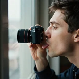 a camera obscura closeup photo a man licking his window