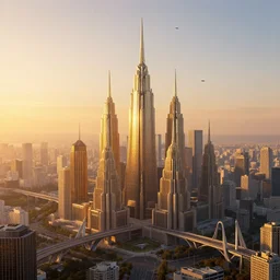 a colossal city at sunset, huge spines, art deco, bridges, flying machines, golden hour, dramatic lighting, metropolis by fritz lang, volumetric lighting, bright, colourful, high contrast, sharpness, by hildebrandt brothers, frazetta, giorgio de chirico and botticelli and max ernst