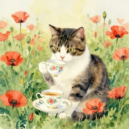 inkwash watercolour louis wain cat drinking tea at poppy field