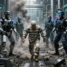 prisoner escaping from cyber prison , award winning photo , pollution , cyber police , robotic cops , 4k , HD , realistic