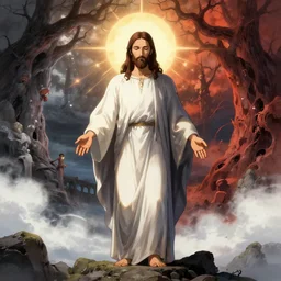 anime style jesus standing between heaven and hell, highly detailed,