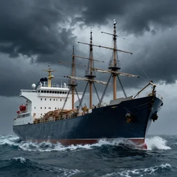 ships at sea in a storm , fantasy, hyper realistic, dramatic lighting
