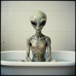 * * < https : / / s. mj. run / ju 2 zjtqk 1 yo > alien, sitting in the bath, skin with dots, bumps, rich texture, ornaments, highly detailed, japanese minimalism, soft film grain, pure aesthetics, style by masao yamamoto, silver gelatin photography, old style photo, ultra - wide view, view from the distance,