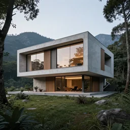 Neo-future brutalist house on a secluded mountain with trees around