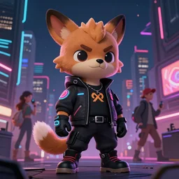anthropomorphic coyote character wearing black cyberpunk skater clothes with neon highlights in a cyberpunk city at night. Renowned character illustration by greg rutkowski, thomas kindkade, alphonse mucha, loish, norman rockwell. Trending on artstation. Furry art. 4k.