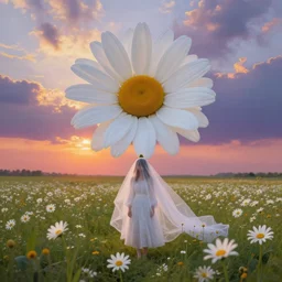 giant white daisy flower veil, girl standing in a flower field, surreal photography, sunrise, dramatic light, impressionist painting, colorful clouds, digital painting, artstation, simon stalenhag