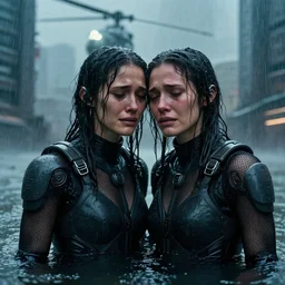 cinestill 5 0 d candid photographic portrait by jj aprams of two loving female androids sobbing wearing rugged black mesh techwear in treacherous waters, flooded city, medium closeup, retrofuturism cyberpunk moody emotional cinematic, pouring iridescent rain bright spotlight helicopter, 8 k, hd, high resolution, 3 5 mm, f / 3 2, ultra realistic faces, ex machina