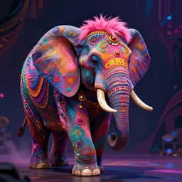 colorful and festive elephant with pink hair,. rich vivid colors, ambient lighting, dynamic lighting, 4 k, atmospheric lighting, painted, intricate, highly detailed by charlie bowater