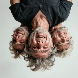 a old laughing old man with 3 heads and 6 eyes, long hair, hanging upsidedown by annie leibovitz