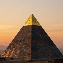 Trending on artstation, beautiful pyramid with golden tip illuminated by the sunset, detailed matte painting, 4K