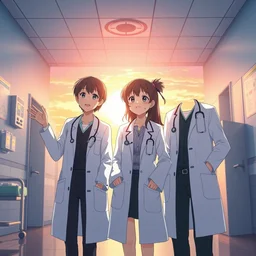 a poster of three cute young doctors wearing white coat, cheering up, sunrise lighting, hospital ward, slice of life anime, cinematic, realistic, anime scenery by makoto shinkai