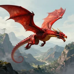 red dragon flying in mountain landscape, illustration, epic, fantasy, intricate, hyper detailed, artstation, concept art, smooth, sharp focus, rj palme