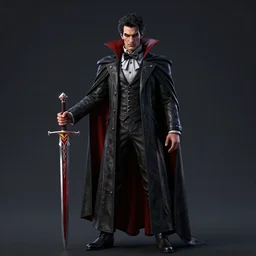vampire in noble clothes holding a blood sword, unreal engine octane render, perfect composition, dramatic lighting