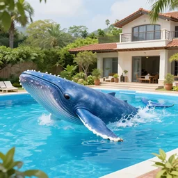 A huge blue whale in a swimming pool of a villa