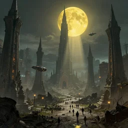 a cinematic movie scene, 2 0 0 mm wide shot, a post - apocalyptic city with monuments, a dark yellow moon, bustling with people and flying cars, gothic environment, detailed illustration, sharp focus, concept art, unreal engine, octane render, god rays h 7 6 8