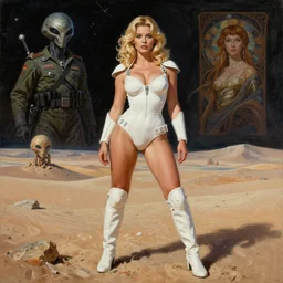 A mixed media portrait painting of a beautiful blonde woman posing on a desert alien planet, soldier, very curvy, white atomic-space-age style bikini-armor and boots, aesthetic symmetrical face and eyes, Scandinavian, by Boris Vallejo, Beeple, Frank Frazetta, Greg Rutkowski, Christian MacNevin, Alphonse Mucha, epic fantasy character art, high fantasy, CGsociety, 60's Sci-fi Pinup style, exquisite detail, post-processing, masterpiece, cinematic