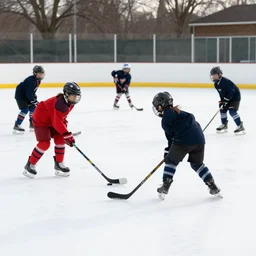 a group of kids playing hockey in an outdoor rink