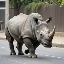 photograph of a rhinoceros running down a street