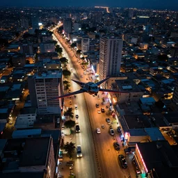 flying drones circling above - a neon lit - lagos urban street - in nigeria, cinestill 8 0 0 t photograph, illustration in the style by philippe bouchet,