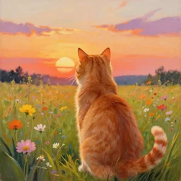 a painting from behind an ultra realistic highly detailed orange cat standing in a field of flowers watching a beautiful sunset by craig mullins, trending on artstation, color field, concept art, artstation hd, matte drawing