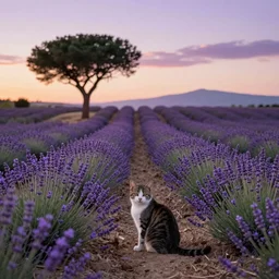 lavender field in provence at sunset with a cat sitting in foreground