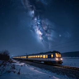 a night train rushes through the milky way, winter