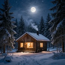 Cabin in the woods, photography, nighttime, bright moon, snow, snowy trees, snow storm, Lights from inside the house, raytracing, godrays, smokey chimney, cozy, forest, trees, 8k