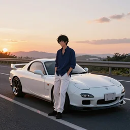 aesthetic portrait illustration of ryosuke takahashi with black hair, dark blue shirt and white pants, standing by his white glossy mazda rx 7 on an empty highway at sunrise, cinematic lighting, initial d anime 1 0 8 0 p, 9 0 s anime aesthetic, volumetric lights, rule of thirds, unreal engine 5 render, pinterest wallpaper, trending on artstation