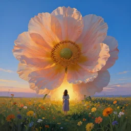 closeup, giant flower head, girl standing in a field of flowers, surreal photography, sunrise, blue sky, dramatic light, impressionist painting, digital painting, artstation, simon stalenhag